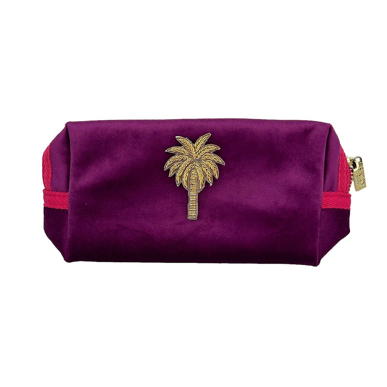 Fuchsia make-up bag & gold palm tree pin - recycled velvet