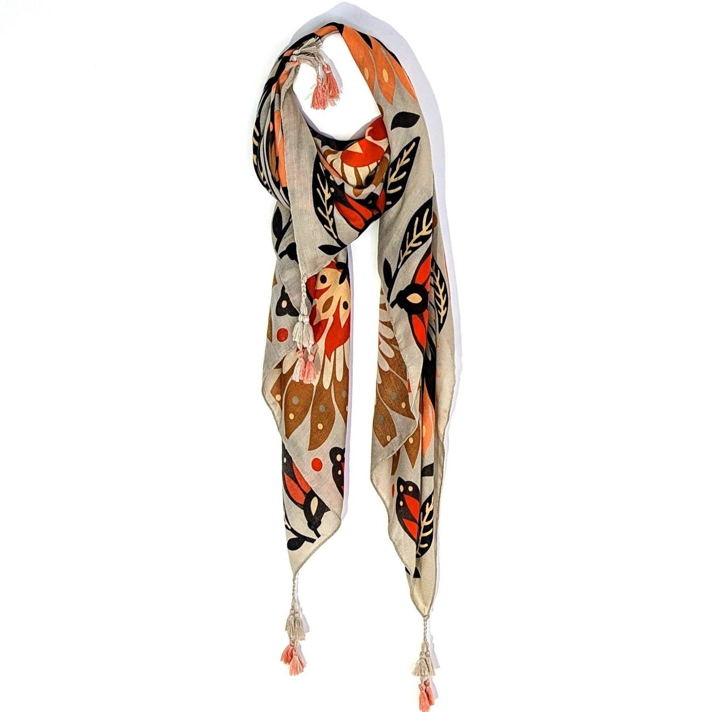 Tan Flower Print Scarf with Tassels