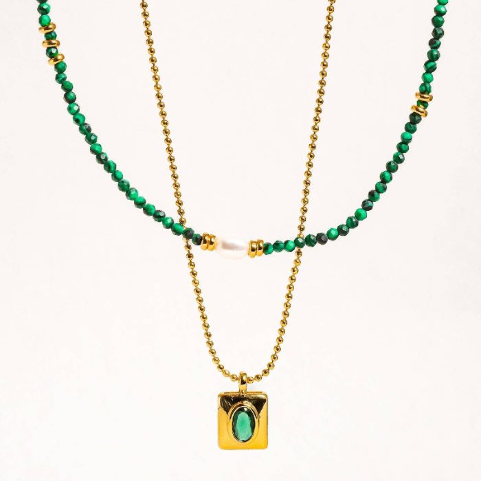 Gold Boho Green Beaded Layer Necklace