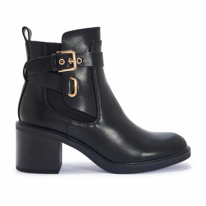 Black Gold Buckle Block Heel Ankle Boot