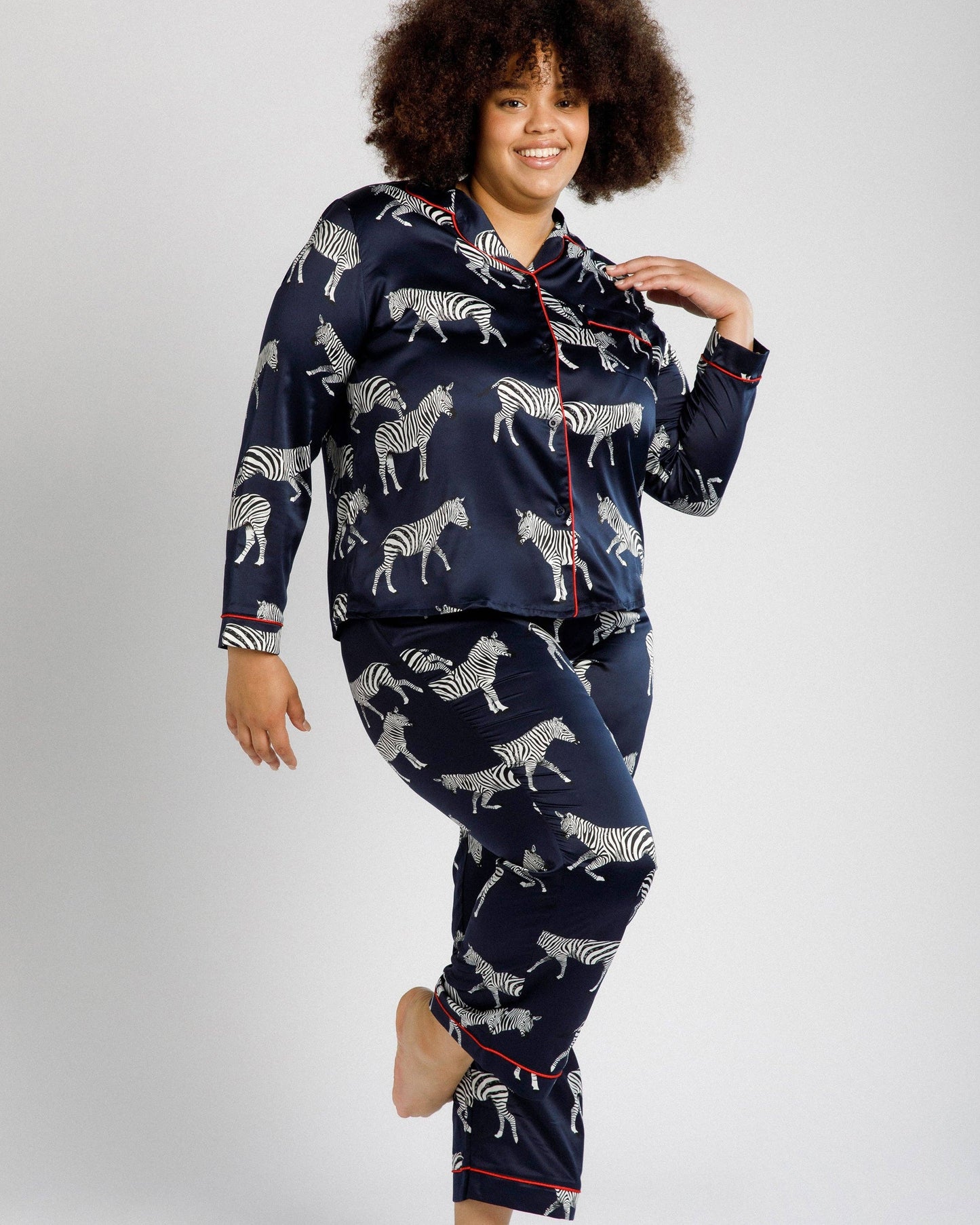 Satin Navy Zebra Print Long Pyjama Set