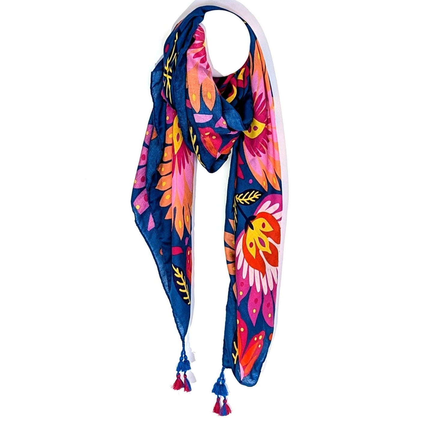 Blue Flower Print Scarf with Tassels