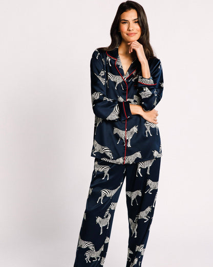 Satin Navy Zebra Print Long Pyjama Set