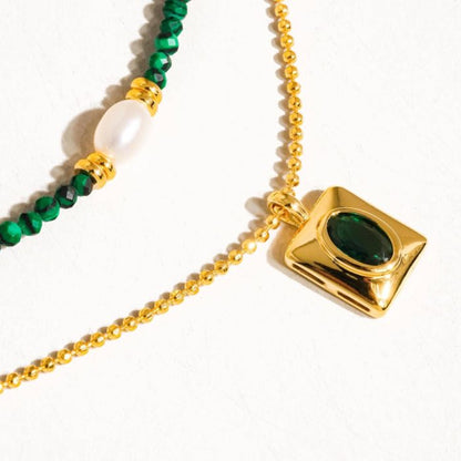 Gold Boho Green Beaded Layer Necklace