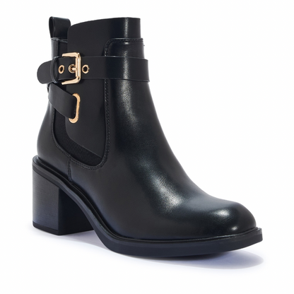 Black Gold Buckle Block Heel Ankle Boot