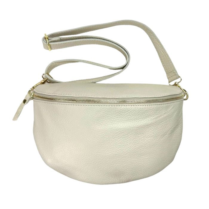 Cream Large Italian Leather Cross Body Bag