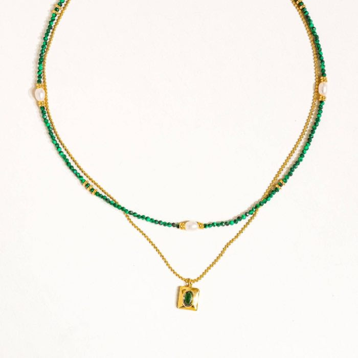 Gold Boho Green Beaded Layer Necklace