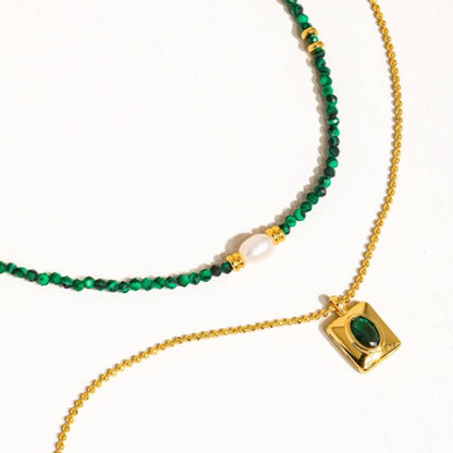 Gold Boho Green Beaded Layer Necklace