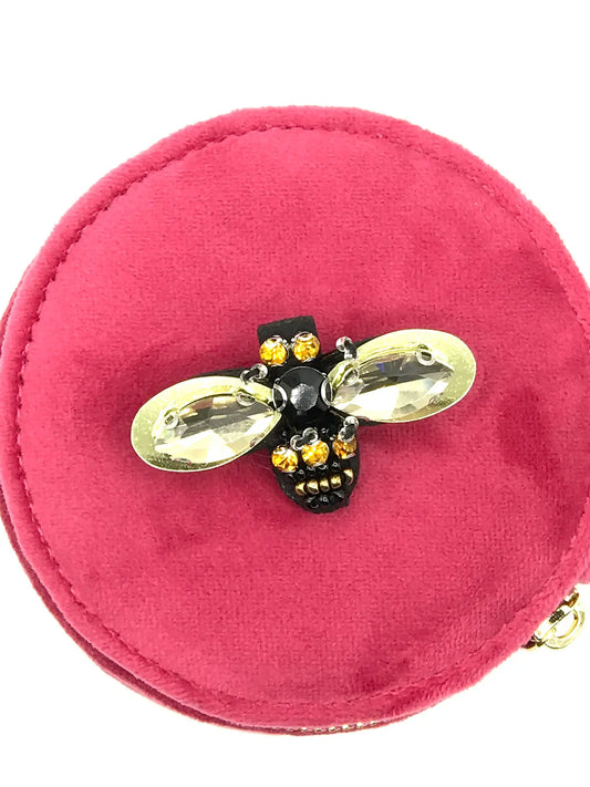 Jewellery travel pot bright pink with bee broach