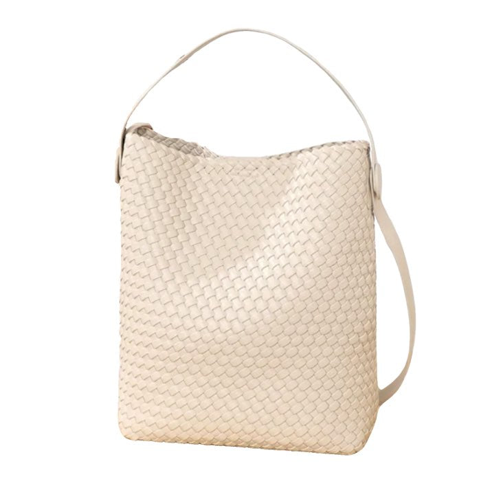 Off White Woven Bucket Bag with Crossbody Strap