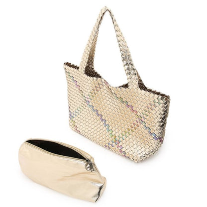 Large Gold Metallic Woven Tote with Removable Clutch Bag