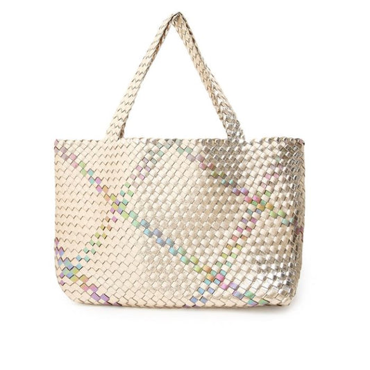 Large Gold Metallic Woven Tote with Removable Clutch Bag