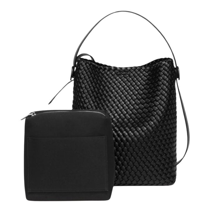 Black Woven Bucket Bag with Crossbody Strap