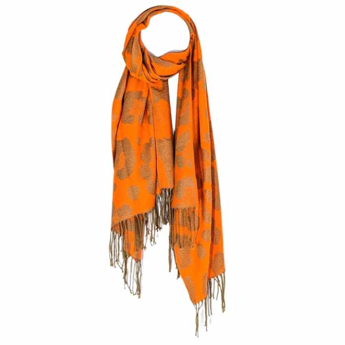 Orange and Gold Leopard Scarf with Tassels