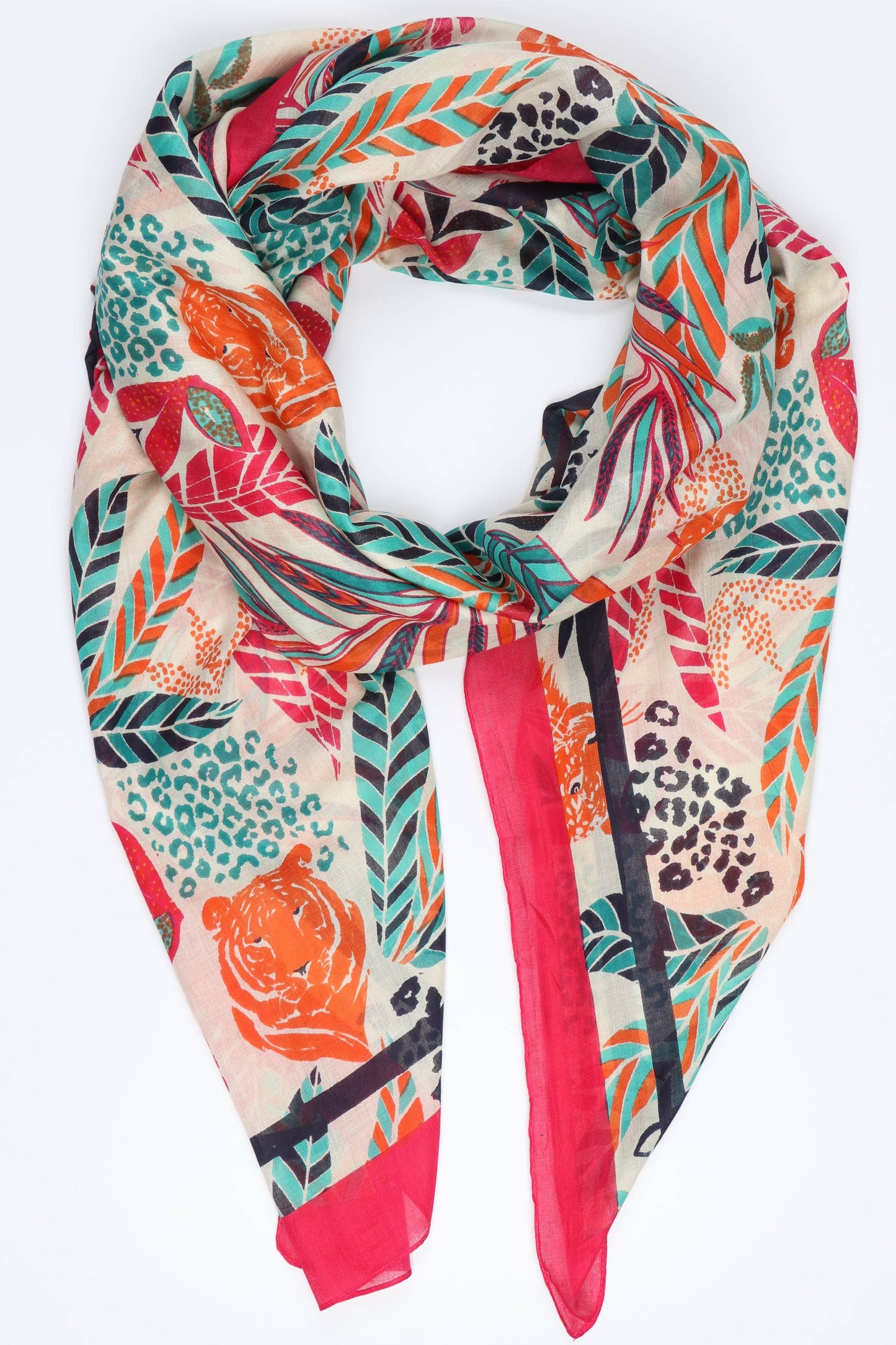 Jungle Print and Tiger Head Scarf with Border in Hot Pink