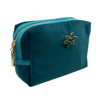 Teal make-up bag & sparkle star pin - recycled velvet