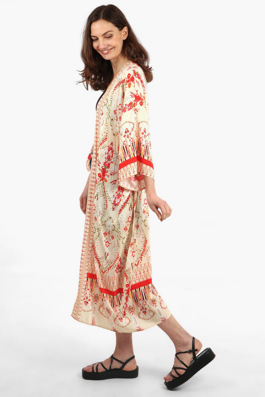 Mandala Print Long Kimono with Detailed Border in Pink