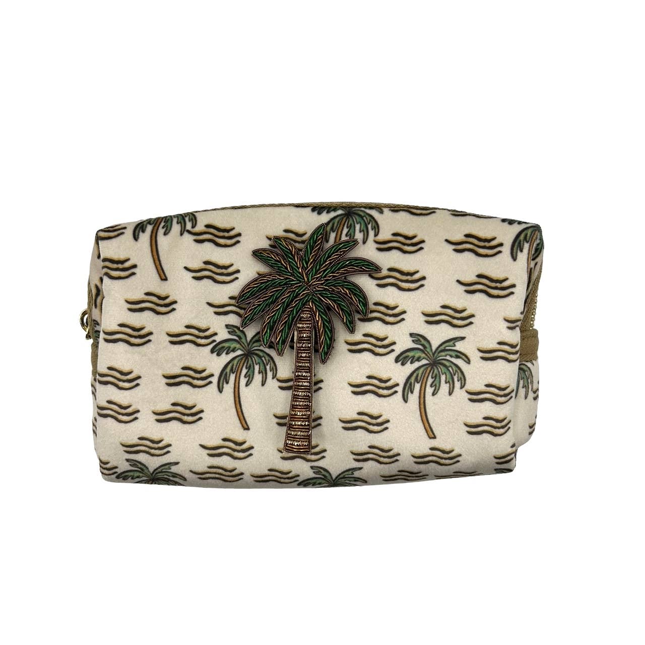 Sand palm make-up bag & green palm pin - recycled velvet